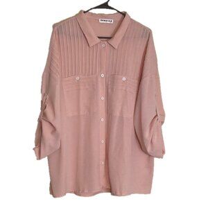 Ecowish Pink Pleated Button Front Blouse Women’s XL Sheer Lightweight Long Sleev